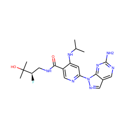 CC(C)Nc1cc(-n2ncc3cnc(N)nc32)ncc1C(=O)NC[C@@H](F)C(C)(C)O ZINC001772622782