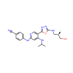 CC(C)Nc1cc(Nc2ccc(C#N)cc2)ncc1-c1nnc(NC[C@@H](F)CO)o1 ZINC000205352422