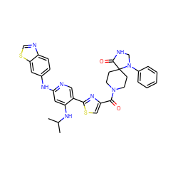 CC(C)Nc1cc(Nc2ccc3ncsc3c2)ncc1-c1nc(C(=O)N2CCC3(CC2)C(=O)NCN3c2ccccc2)cs1 ZINC001772630969