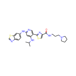 CC(C)Nc1cc(Nc2ccc3ncsc3c2)ncc1-c1nc(C(=O)NCCCN2CCCC2)cs1 ZINC000223329347