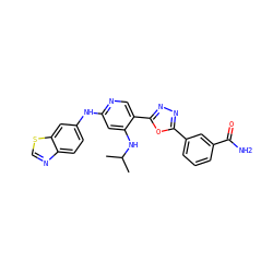 CC(C)Nc1cc(Nc2ccc3ncsc3c2)ncc1-c1nnc(-c2cccc(C(N)=O)c2)o1 ZINC001772616495