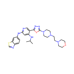 CC(C)Nc1cc(Nc2ccc3ncsc3c2)ncc1-c1nnc(N2CCN(CCN3CCOCC3)CC2)o1 ZINC000223435855