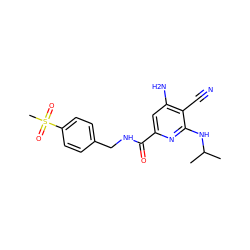 CC(C)Nc1nc(C(=O)NCc2ccc(S(C)(=O)=O)cc2)cc(N)c1C#N ZINC000038145048