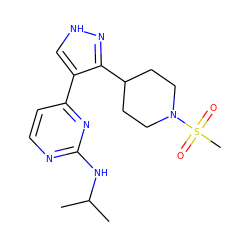 CC(C)Nc1nccc(-c2c[nH]nc2C2CCN(S(C)(=O)=O)CC2)n1 ZINC000040410656