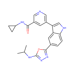 CC(C)Nc1nnc(-c2ccc3[nH]cc(-c4cncc(C(=O)NC5CC5)c4)c3c2)o1 ZINC000221758414