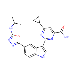 CC(C)Nc1nnc(-c2ccc3[nH]cc(-c4nc(C(N)=O)cc(C5CC5)n4)c3c2)o1 ZINC000203726994