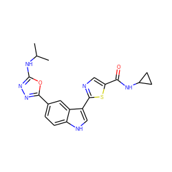 CC(C)Nc1nnc(-c2ccc3[nH]cc(-c4ncc(C(=O)NC5CC5)s4)c3c2)o1 ZINC000204778430