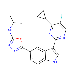 CC(C)Nc1nnc(-c2ccc3[nH]cc(-c4ncc(F)c(C5CC5)n4)c3c2)o1 ZINC000221734740