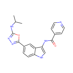 CC(C)Nc1nnc(-c2ccc3[nH]cc(NC(=O)c4ccncc4)c3c2)o1 ZINC000221731540