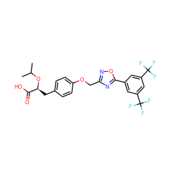 CC(C)O[C@@H](Cc1ccc(OCc2noc(-c3cc(C(F)(F)F)cc(C(F)(F)F)c3)n2)cc1)C(=O)O ZINC000026403460