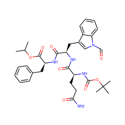 CC(C)OC(=O)[C@H](Cc1ccccc1)NC(=O)[C@@H](Cc1cn(C=O)c2ccccc12)NC(=O)[C@H](CCC(N)=O)NC(=O)OC(C)(C)C ZINC000026165022