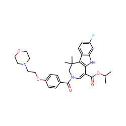 CC(C)OC(=O)C1=CN(C(=O)c2ccc(OCCN3CCOCC3)cc2)CC(C)(C)c2c1[nH]c1cc(F)ccc21 ZINC000049746667