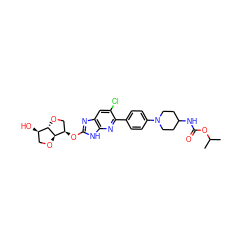 CC(C)OC(=O)NC1CCN(c2ccc(-c3nc4[nH]c(O[C@@H]5CO[C@H]6[C@H](O)CO[C@@H]65)nc4cc3Cl)cc2)CC1 ZINC001772628587