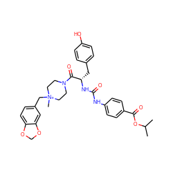 CC(C)OC(=O)c1ccc(NC(=O)N[C@@H](Cc2ccc(O)cc2)C(=O)N2CC[N+](C)(Cc3ccc4c(c3)OCO4)CC2)cc1 ZINC000095559132