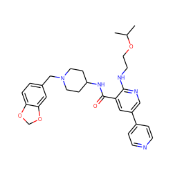CC(C)OCCNc1ncc(-c2ccncc2)cc1C(=O)NC1CCN(Cc2ccc3c(c2)OCO3)CC1 ZINC000028525804
