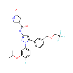 CC(C)Oc1cc(-n2nc(NC(=O)[C@@H]3CNC(=O)C3)cc2-c2cccc(COCC(F)(F)F)c2)ccc1F ZINC000169707335