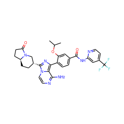 CC(C)Oc1cc(C(=O)Nc2cc(C(F)(F)F)ccn2)ccc1-c1nc([C@@H]2CC[C@H]3CCC(=O)N3C2)n2ccnc(N)c12 ZINC000145468065