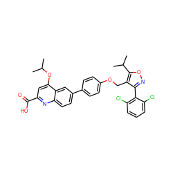 CC(C)Oc1cc(C(=O)O)nc2ccc(-c3ccc(OCc4c(-c5c(Cl)cccc5Cl)noc4C(C)C)cc3)cc12 ZINC000066066574