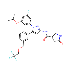 CC(C)Oc1cc(F)cc(-n2nc(NC(=O)[C@@H]3CNC(=O)C3)cc2-c2cccc(COCC(F)(F)F)c2)c1 ZINC000169707432