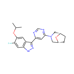 CC(C)Oc1cc2c(-c3cc(N4C[C@@H]5CC[C@H](C4)O5)ncn3)n[nH]c2cc1F ZINC000221317391