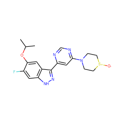 CC(C)Oc1cc2c(-c3cc(N4CC[S+]([O-])CC4)ncn3)n[nH]c2cc1F ZINC000225565352