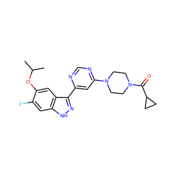 CC(C)Oc1cc2c(-c3cc(N4CCN(C(=O)C5CC5)CC4)ncn3)n[nH]c2cc1F ZINC000225551465