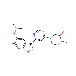 CC(C)Oc1cc2c(-c3cc(N4CCN(C)C(=O)C4)ncn3)n[nH]c2cc1F ZINC000225556797