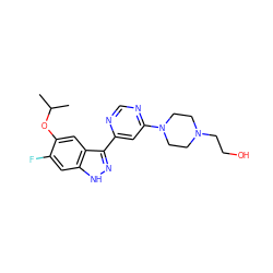 CC(C)Oc1cc2c(-c3cc(N4CCN(CCO)CC4)ncn3)n[nH]c2cc1F ZINC000225551421