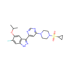 CC(C)Oc1cc2c(-c3cc(N4CCN(S(=O)(=O)C5CC5)CC4)ncn3)n[nH]c2cc1F ZINC000225550830