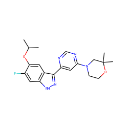 CC(C)Oc1cc2c(-c3cc(N4CCOC(C)(C)C4)ncn3)n[nH]c2cc1F ZINC000225554597