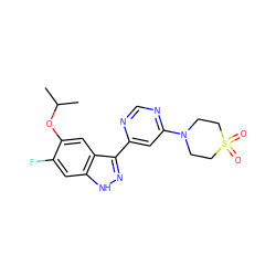 CC(C)Oc1cc2c(-c3cc(N4CCS(=O)(=O)CC4)ncn3)n[nH]c2cc1F ZINC000225564500