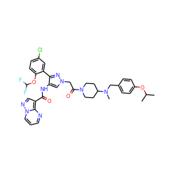 CC(C)Oc1ccc(CN(C)C2CCN(C(=O)Cn3cc(NC(=O)c4cnn5cccnc45)c(-c4cc(Cl)ccc4OC(F)F)n3)CC2)cc1 ZINC001772583714