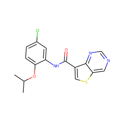 CC(C)Oc1ccc(Cl)cc1NC(=O)c1csc2cncnc12 ZINC000113650735