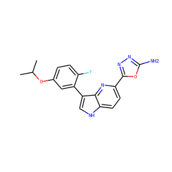 CC(C)Oc1ccc(F)c(-c2c[nH]c3ccc(-c4nnc(N)o4)nc23)c1 ZINC000204778009