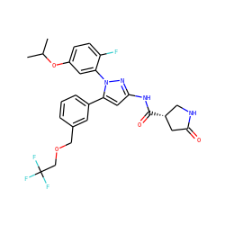 CC(C)Oc1ccc(F)c(-n2nc(NC(=O)[C@@H]3CNC(=O)C3)cc2-c2cccc(COCC(F)(F)F)c2)c1 ZINC000169707369