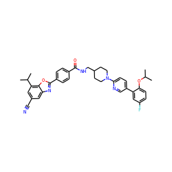 CC(C)Oc1ccc(F)cc1-c1ccc(N2CCC(CNC(=O)c3ccc(-c4nc5cc(C#N)cc(C(C)C)c5o4)cc3)CC2)nc1 ZINC000066073663