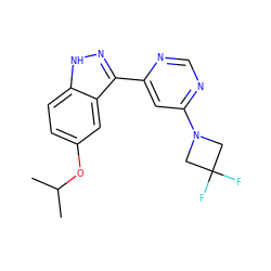 CC(C)Oc1ccc2[nH]nc(-c3cc(N4CC(F)(F)C4)ncn3)c2c1 ZINC000225556446