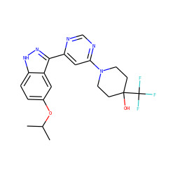 CC(C)Oc1ccc2[nH]nc(-c3cc(N4CCC(O)(C(F)(F)F)CC4)ncn3)c2c1 ZINC000225564410