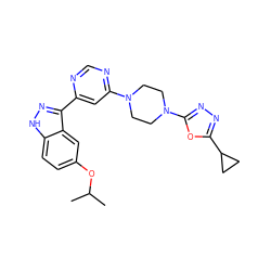 CC(C)Oc1ccc2[nH]nc(-c3cc(N4CCN(c5nnc(C6CC6)o5)CC4)ncn3)c2c1 ZINC000225557186