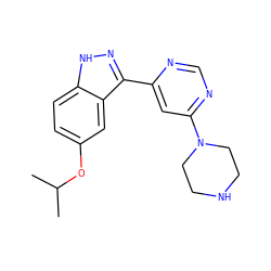 CC(C)Oc1ccc2[nH]nc(-c3cc(N4CCNCC4)ncn3)c2c1 ZINC000221157606