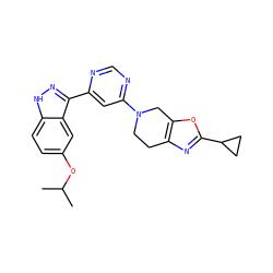 CC(C)Oc1ccc2[nH]nc(-c3cc(N4CCc5nc(C6CC6)oc5C4)ncn3)c2c1 ZINC000225558245