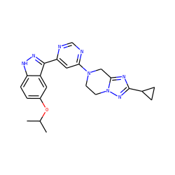 CC(C)Oc1ccc2[nH]nc(-c3cc(N4CCn5nc(C6CC6)nc5C4)ncn3)c2c1 ZINC000225556534