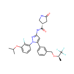 CC(C)Oc1cccc(-n2nc(NC(=O)[C@@H]3CNC(=O)C3)cc2-c2cccc(CO[C@H](C)C(F)(F)F)c2)c1F ZINC000169707393