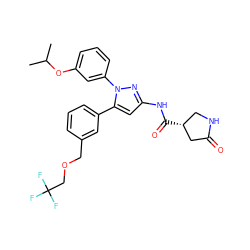 CC(C)Oc1cccc(-n2nc(NC(=O)[C@@H]3CNC(=O)C3)cc2-c2cccc(COCC(F)(F)F)c2)c1 ZINC000169707357