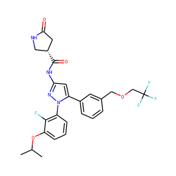 CC(C)Oc1cccc(-n2nc(NC(=O)[C@@H]3CNC(=O)C3)cc2-c2cccc(COCC(F)(F)F)c2)c1F ZINC000169707389