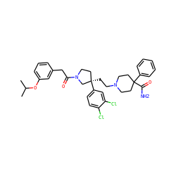 CC(C)Oc1cccc(CC(=O)N2CC[C@@](CCN3CCC(C(N)=O)(c4ccccc4)CC3)(c3ccc(Cl)c(Cl)c3)C2)c1 ZINC000028093243