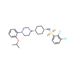 CC(C)Oc1ccccc1N1CCN([C@H]2CC[C@@H](NS(=O)(=O)c3cccc(Cl)c3F)CC2)CC1 ZINC000101092780