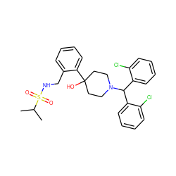 CC(C)S(=O)(=O)NCc1ccccc1C1(O)CCN(C(c2ccccc2Cl)c2ccccc2Cl)CC1 ZINC000096318639