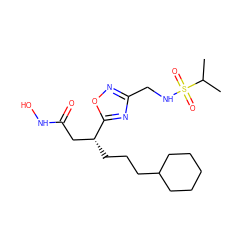 CC(C)S(=O)(=O)NCc1noc([C@H](CCCC2CCCCC2)CC(=O)NO)n1 ZINC000028701875