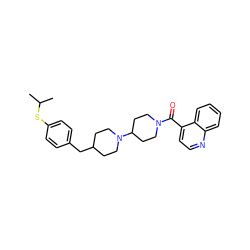 CC(C)Sc1ccc(CC2CCN(C3CCN(C(=O)c4ccnc5ccccc45)CC3)CC2)cc1 ZINC000013440420